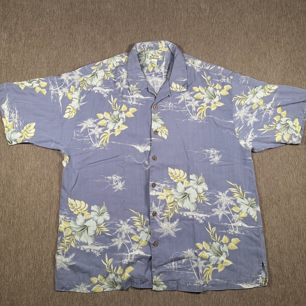Tommy Bahama Mens XL Silk Camp Shirt Purple Floral Hibiscus Palm Tree Tropical